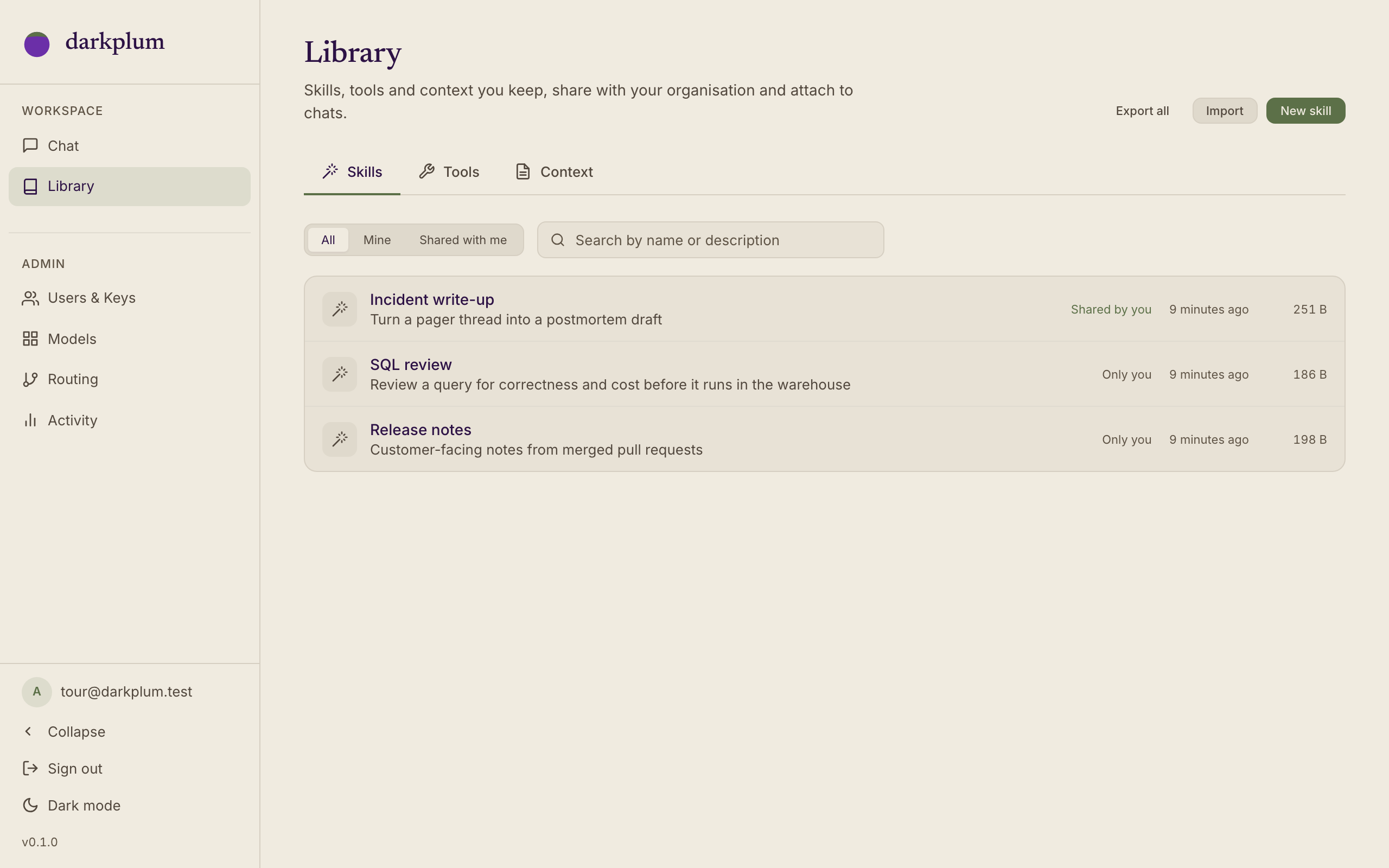 The Library page: skills, context and tools, some private and some shared with the organisation