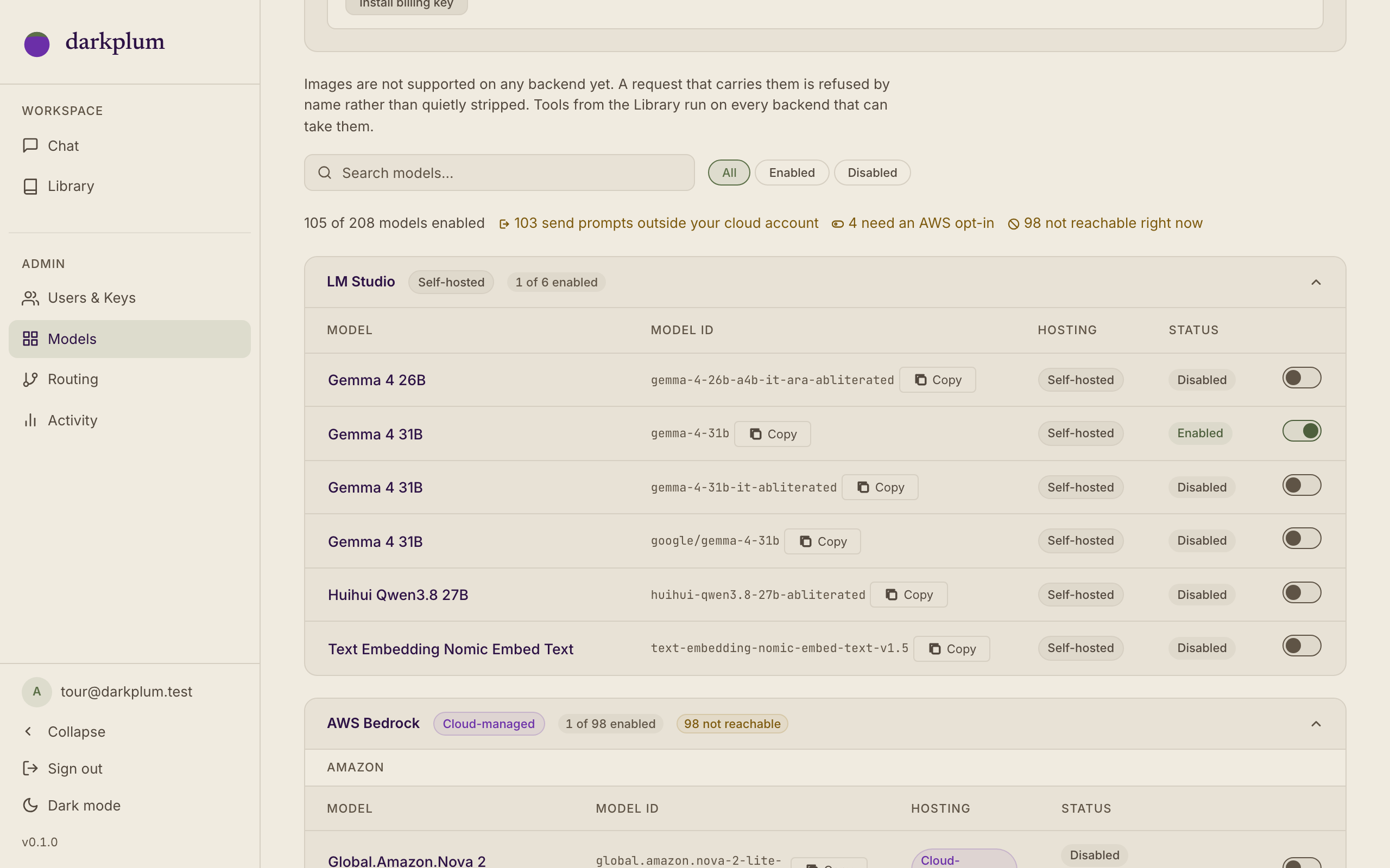 Admin > Models: the catalogue grouped by backend, each model labelled self-hosted or cloud-managed, with a count of models that send prompts outside the account
