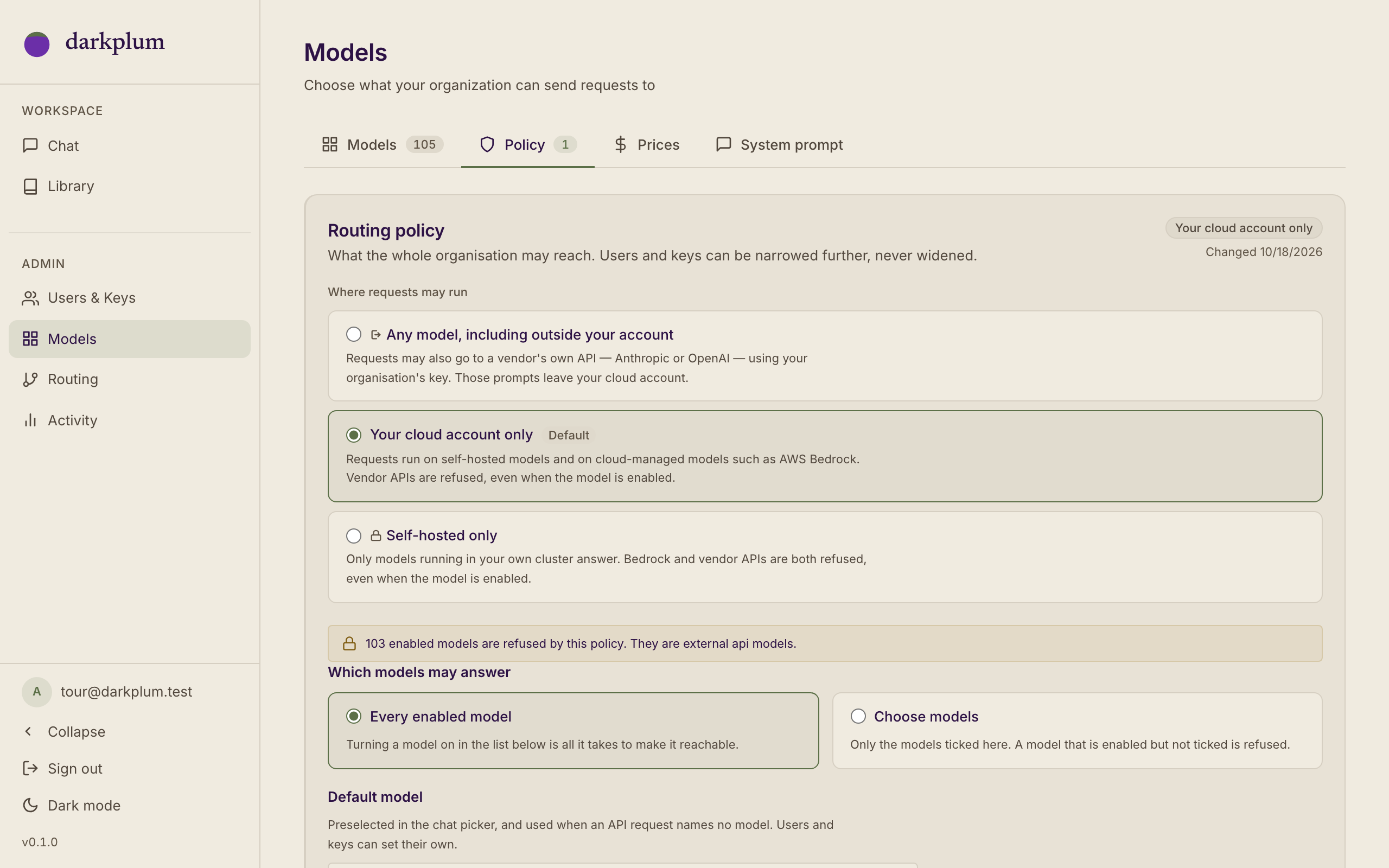 Admin > Models > Policy: where requests may run, with the organisation held to its own cloud account and vendor APIs refused