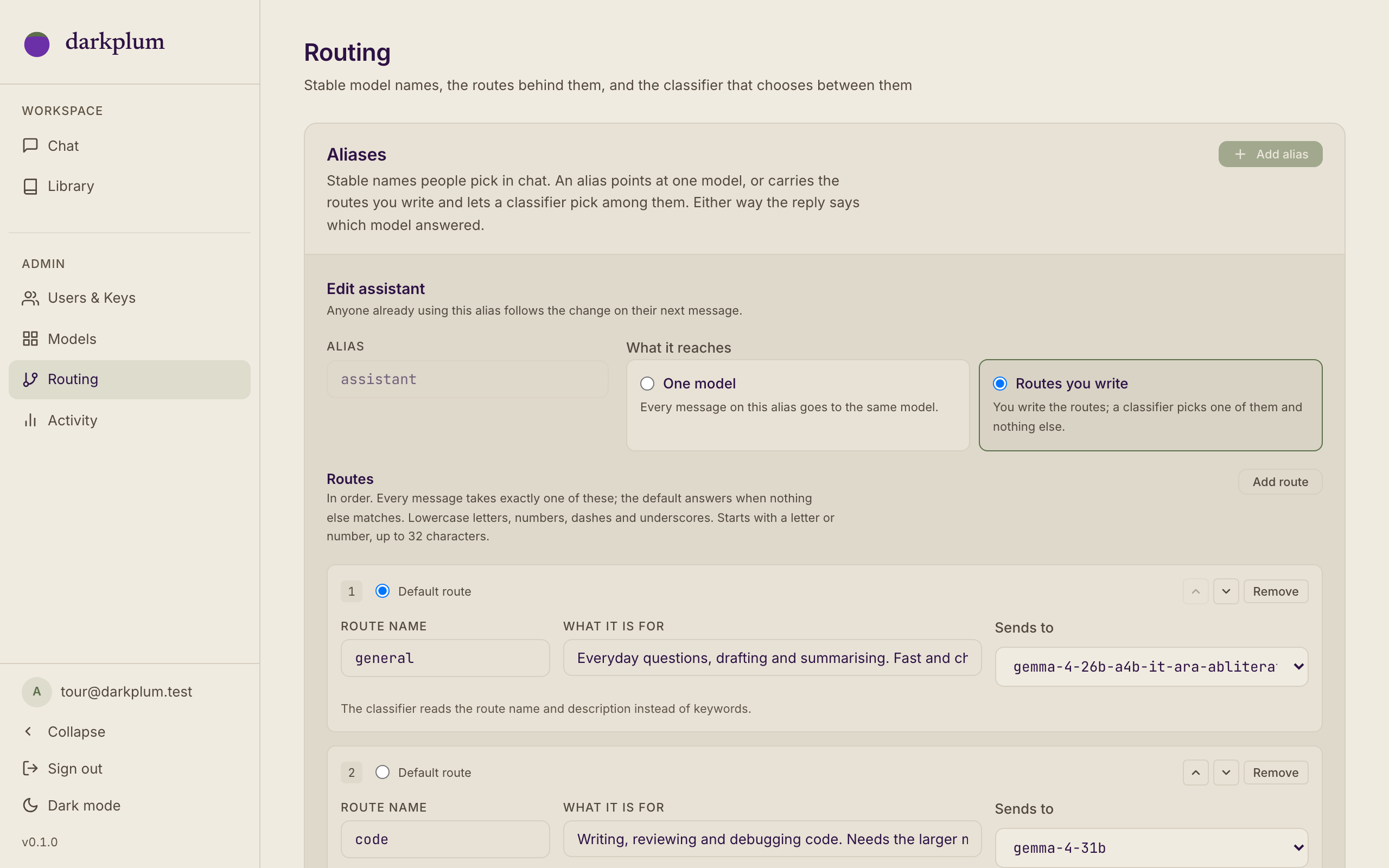 Admin > Routing: a routed alias with three intent routes, each pointing at a self-hosted model, and the in-cluster semantic classifier
